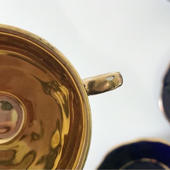 Reichenbach Geschenke Three Tea Cup Plate Set Echt Kobalt Gold Filigree Mocha - Picture 10 of 15